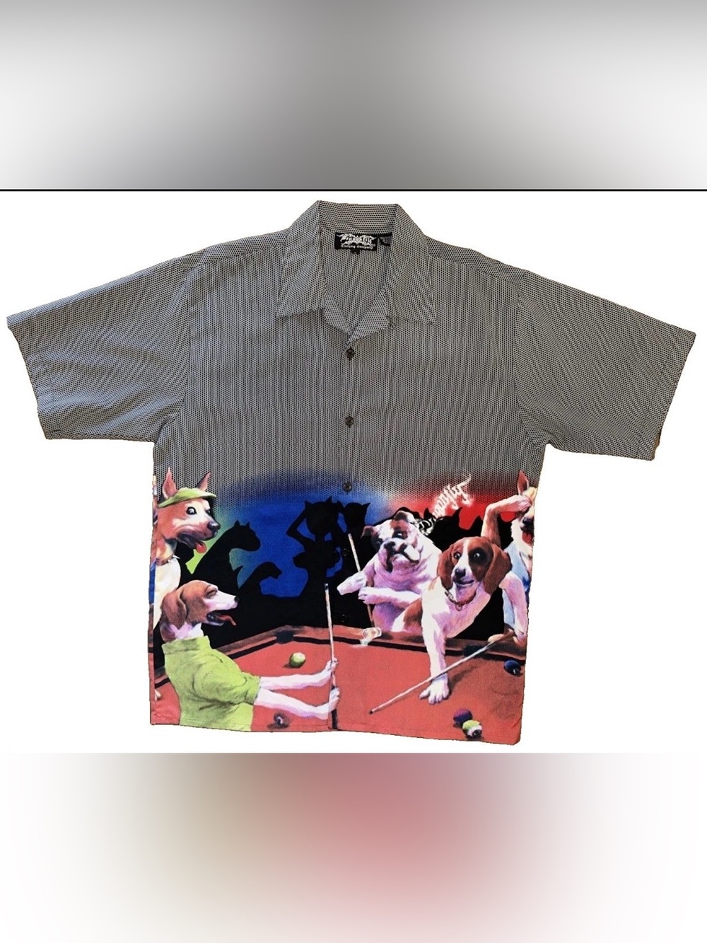 Dragonfly Clothing Co Dogs Playing Pool Bar Button Up Shirt Size L Camp Collar